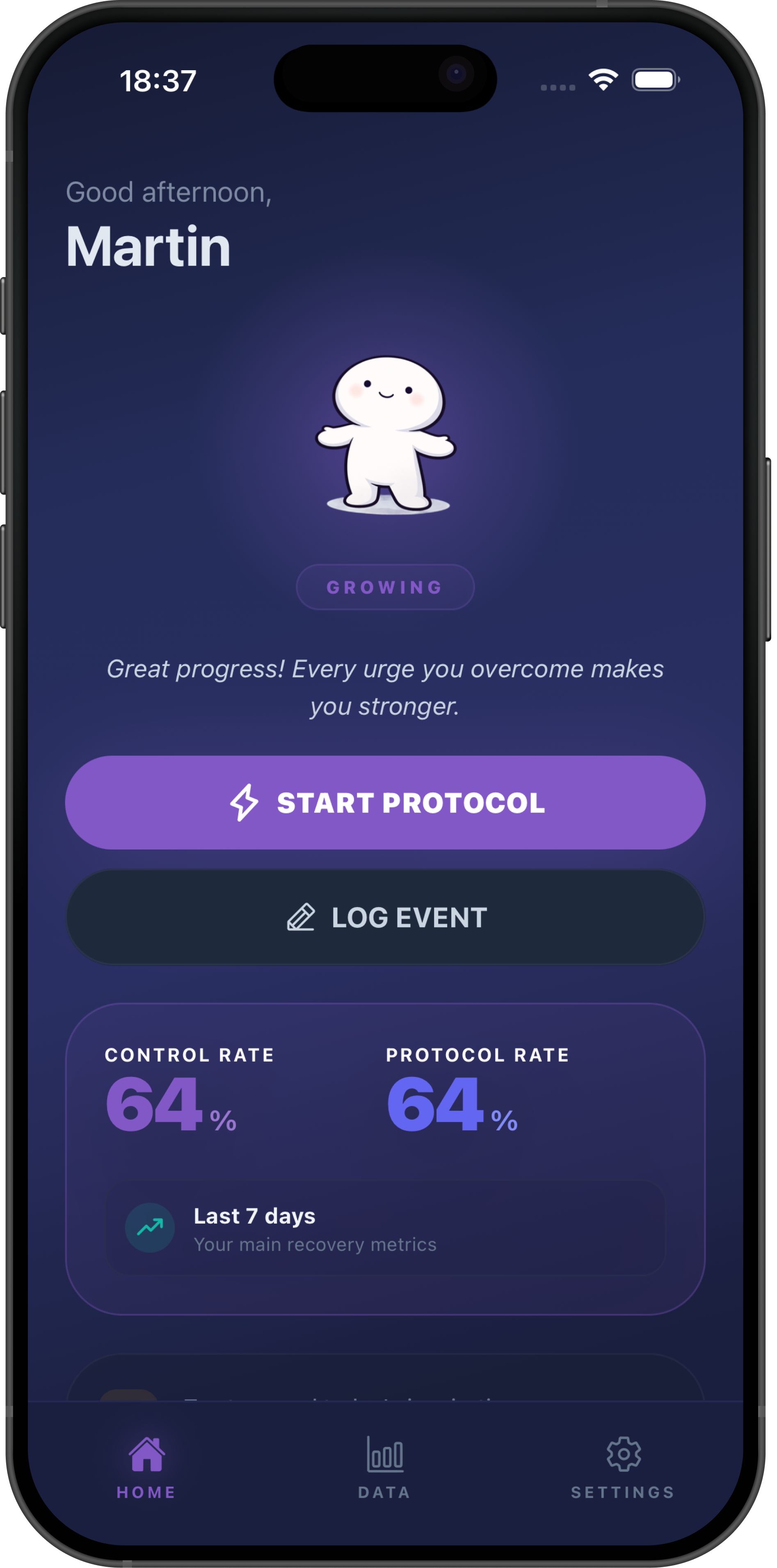IMPULSE porn addiction recovery app showing urge tracking dashboard, IMPULSE Protocol, and pattern analysis on a smartphone